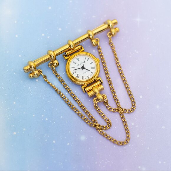 Vintage Dangling Chains Gold Tone Analog Watch Unique Brooch by Geneva - J32 - Picture 1 of 2